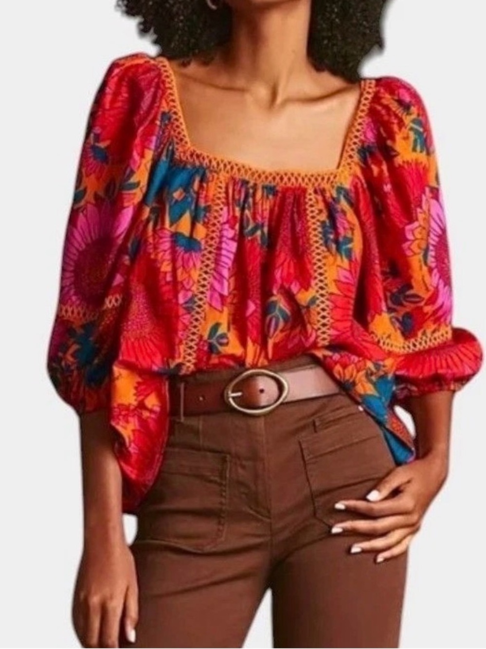 Farm Rio Lace Inset Peasant Sunflower Blouse XS Colorful Tropical Resortwear EUC